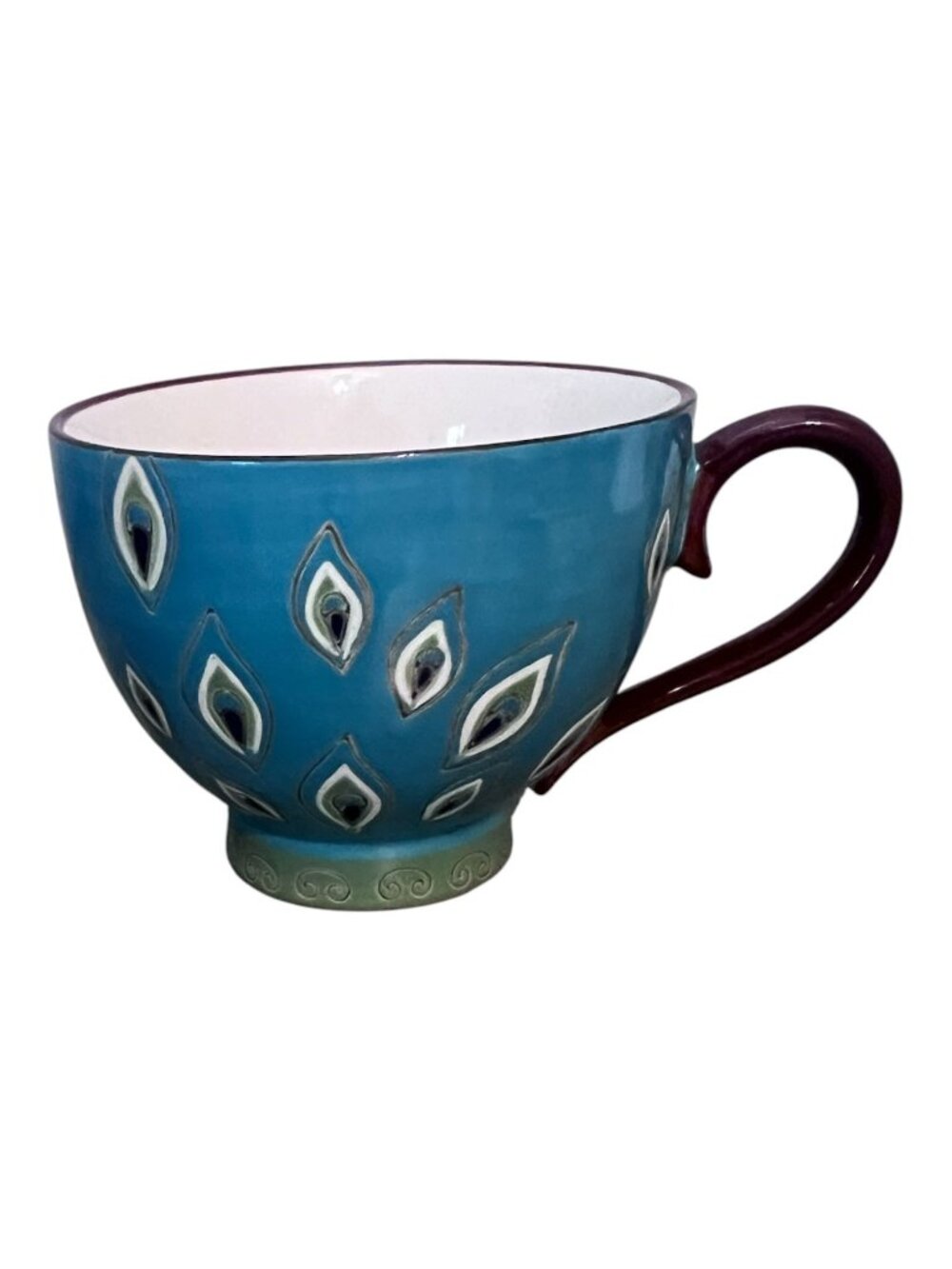 Pier 1 Imports Blue Peacock Feather Oversized Mug Hand Painted Dolomite